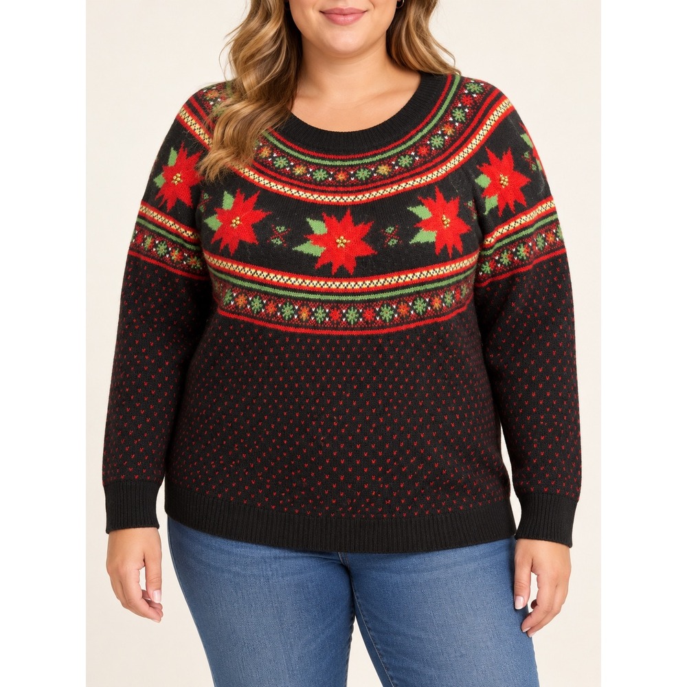 Holiday Time Christmas Sweater Womens XL Poinsettia Fair Isle Black Red New